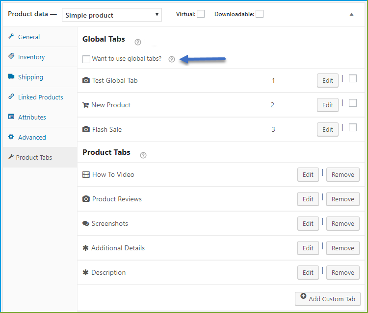 WooCommerce-Plugin für zusätzliche Informationen - globale Registerkarten ausschließen